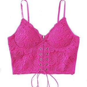Women's Eyelet Lace Up Sleeveless Spaghetti Strap Zip Back Crop Cami Top